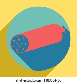 Sausage sign illustration. Sunset orange icon with llapis lazuli shadow inside medium aquamarine circle with different goldenrod shadow at royal yellow background.