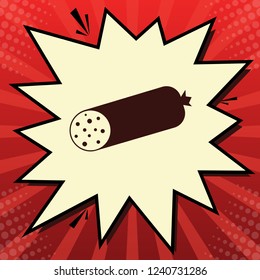 Sausage sign illustration. Vector. Dark red icon in lemon chiffon shutter bubble at red popart background with rays.