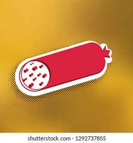 Sausage sign illustration. Vector. Magenta icon with darker shadow, white sticker and black popart shadow on golden background.
