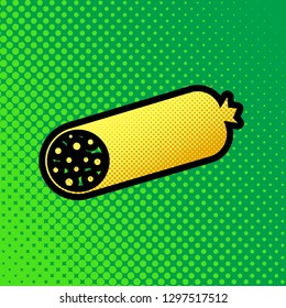 Sausage sign illustration. Vector. Pop art orange to yellow dots-gradient icon with black contour at greenish background.