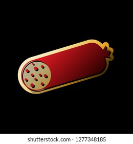 Sausage sign illustration. Vector. Red icon with small black and limitless shadows at golden sticker on black background.