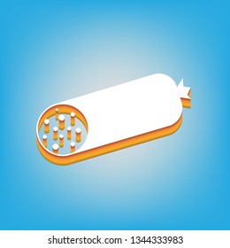 Sausage sign illustration. Vector. White icon with 3d warm-colored gradient body at sky blue background.