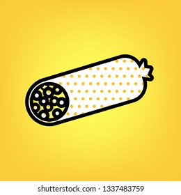Sausage sign illustration. Vector. Yellow polka dot white icon with black contour at warm yellow background.