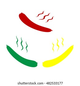 Sausage simple sign. Isometric style of red, green and yellow icon.
