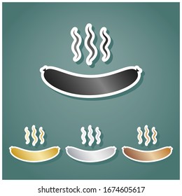 Sausage simple sign. Set of metallic Icons with gray, gold, silver and bronze gradient with white contour and shadow at viridan background. Illustration.