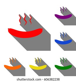 Sausage simple sign. Set of red, orange, yellow, green, blue and violet icons at white background with flat shadow.