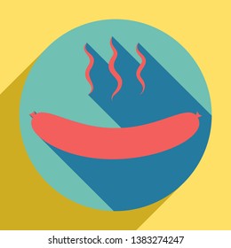 Sausage simple sign. Sunset orange icon with llapis lazuli shadow inside medium aquamarine circle with different goldenrod shadow at royal yellow background.