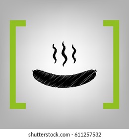 Sausage simple sign. Vector. Black scribble icon in citron brackets on grayish background.
