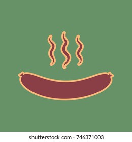 Sausage simple sign. Vector. Cordovan icon and mellow apricot halo with light khaki filled space at russian green background.