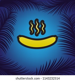 Sausage simple sign. Vector. Golden icon with black contour at blue background with branches of palm trees.