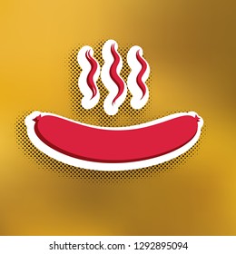 Sausage simple sign. Vector. Magenta icon with darker shadow, white sticker and black popart shadow on golden background.
