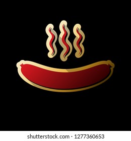 Sausage simple sign. Vector. Red icon with small black and limitless shadows at golden sticker on black background.