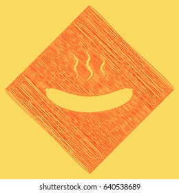 Sausage simple sign. Vector. Red scribble icon obtained as a result of subtraction rhomb and path. Royal yellow background.