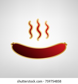 Sausage simple sign. Vector. Red icon on gold sticker at light gray background.