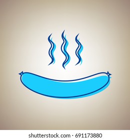 Sausage simple sign. Vector. Sky blue icon with blue contour on beige background.