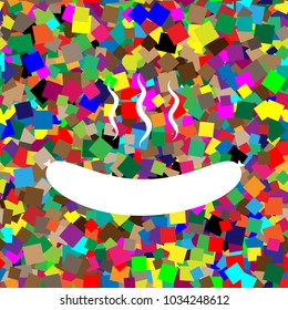 Sausage simple sign. Vector. White icon on colorful background with seamless pattern from squares.