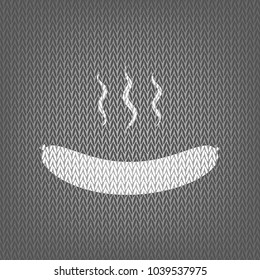 Sausage simple sign. Vector. White knitted icon on gray knitted background. Isolated.
