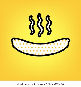 Sausage simple sign. Vector. Yellow polka dot white icon with black contour at warm yellow background.