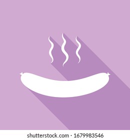 Sausage simple sign. White Icon with long shadow at purple background. Illustration.