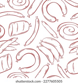 Sausage sketch seamless pattern. Digital paper hand engraving sausages. Print for package design, menu, brochure. Flat design, vector illustration