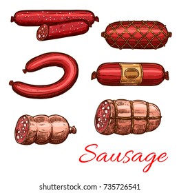 Sausage sketch set of beef and pork meat product. Salami, barbecue frankfurter, ham, bologna with bacon, smoked wurst, pepperoni, grilled bratwurst vector icon for butcher shop, meat store design