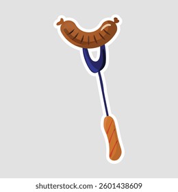 Sausage Skewer Vector Illustration Sticker. A fun vector illustration of a grilled sausage on a skewer fork. Perfect for BBQ-themed designs, food stickers, and culinary graphics