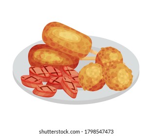 Sausage Slabs and Meat Balls Rested on Plate as Festive Food for Oktoberfest Celebration Vector Illustration