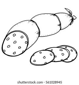 Sausage with sliced pieces and fat. Hand drawn illustration for shop, menu,cafe, restaurant, prints, posters, advertising, manufacturing, design.