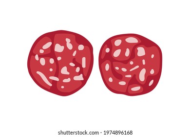 Sausage slices. Overhead view of isolated fried Round sausage slice set salami vector flat on white background. For menu, cafe, restaurant, poster, banner, emblem, sticker. Meat sausage slice set