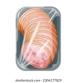 Sausage slices en la ilustración vectorial de la bandeja de plástico. Caricatura aislada Salchicha cocida de Mortadella a partir de carne de cerdo molida y trozos de carne magra y barriga, trozos redondos de carne delicatessen envasados