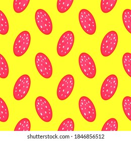 Sausage slices, seamless pattern on yellow background.