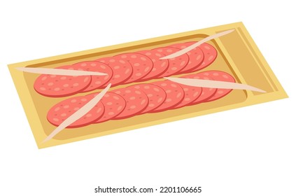 Sausage slices vacuum packed icon isolated on white background.
Сut sausage slices. Sliced flat sausage.