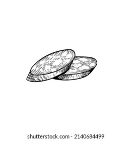 Sausage slices in vintage style. Hand drawn sketch style butchery product. Best for package and market advertising design. Vector illustrations isolated on white background.