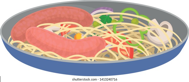 Sausage with spaghetti and vegetables. Vector illustration on white background.