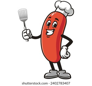 sausage with spatula and wearing a chef's hat cartoon mascot illustration character vector clip art