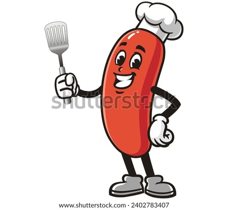 sausage with spatula and wearing a chef's hat cartoon mascot illustration character vector clip art