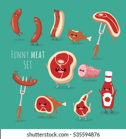 Sausage, steak, beef, ham, ketchup, chicken leg all the barbecue. Vector illustration. Funny meat set. Use for card, poster, banner, web design and print on t-shirt. Easy to edit. Vector illustration.