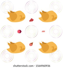 Sausage, steak, chicken bacon, fresh meat. Image for a farm shop concept. Vector background.