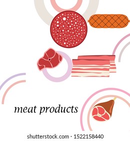 Sausage, steak, whole foot, bacon, fresh meat. Image for farm shop concept. Vector background.
