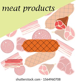 Sausage, steak, whole foot, bacon, fresh meat. Image for farm shop concept. Vector background.