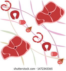 Sausage, steak, whole leg, fresh meat. Image for farm shop concept. Vector background.
