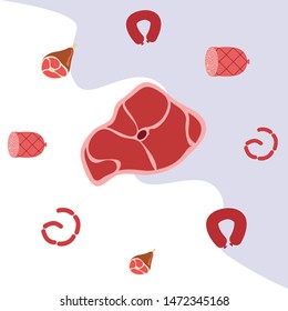 Sausage, steak, whole leg, fresh meat. Image for farm shop concept. Vector background.