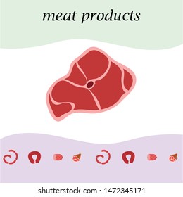 Sausage, steak, whole leg, fresh meat. Image for farm shop concept. Vector background.