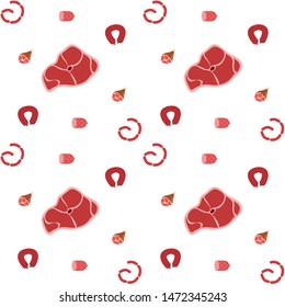 Sausage, steak, whole leg, fresh meat. Image for farm shop concept. Vector background.