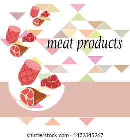 Sausage, steak, whole leg, fresh meat. Image for farm shop concept. Vector background.