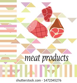 Sausage, steak, whole leg, fresh meat. Image for farm shop concept. Vector background.