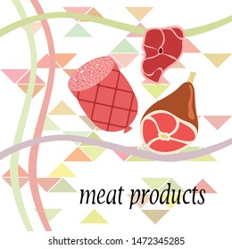 Sausage, steak, whole leg, fresh meat. Image for farm shop concept. Vector background.
