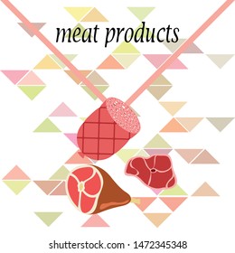Sausage, steak, whole leg, fresh meat. Image for farm shop concept. Vector background.