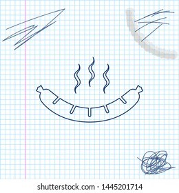 Sausage with steam line sketch icon isolated on white background. Grilled sausage and aroma sign. Vector Illustration