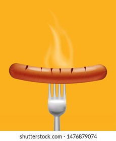 Sausage steaming Vector realistic. Menu advert concept. 3d illustration burning food poster template